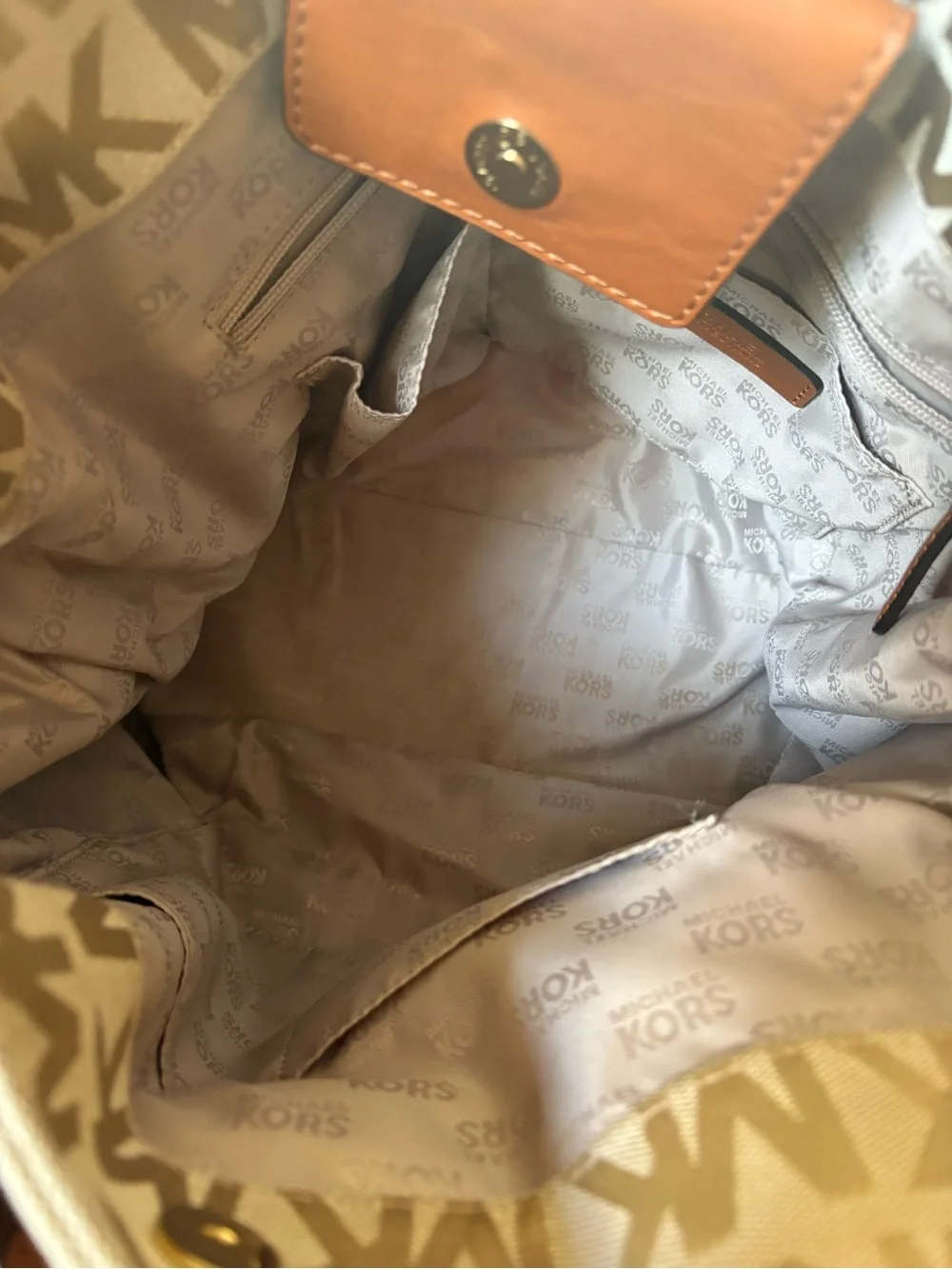 Michael Kors Cream and Tan Signature MK Logo Tote with Gold Plaque Gansevoort